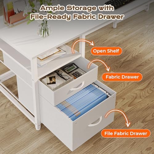 PRAISUN 63 Inch L Shaped Desk with Power Outlets and USB-C Port, Computer Corner Home Office Desk with File Fabric Drawers and Movable Monitor Stand, Larger Storage, Gaming, Writing, Work, White - Image 5