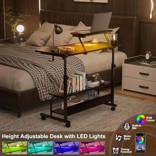 Height Adjustable Standing Desk with Power Outlets and LED Lights - 32" Manual Stand Up Desk with Monitor Stand and Storage Shelves Small Mobile Rolling Computer Desk Portable Laptop Table, Black - Image 5