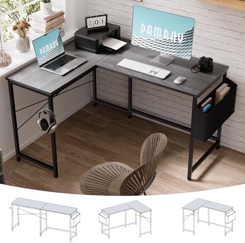 Pamray 47 Inch Reversible L Shaped Gaming Desk Corner Computer Desk with Storage Bag Home Office Table for Writing Study Grey by PAMRAY