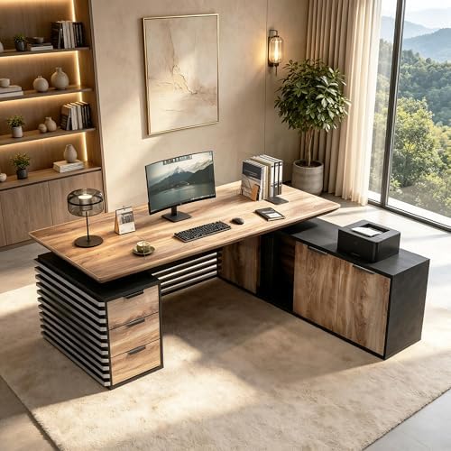 Electric Height Adjustable Executive Desk, Luxury L-Shaped Office Desk with Storage Cabinet & Charging Station, Solid Thickened Desktop, 70" Modern CEO Workstation for Home Office & Corporate Office - Image 4