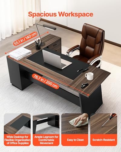 VEVOR L-Shaped Executive Desk, Large Modern Office Table with Drawers and Storage Cabinet, Heavy Duty Wooden Executive Table, 350 LBS Load Capacity, Easy Assembly, for Work Study Writing, Brown+Black - Image 5