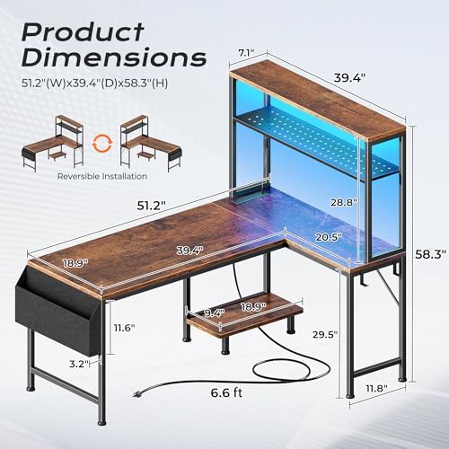 PRAISUN L Shaped Gaming Desk with LED Lights & Power Outlets - Image 2