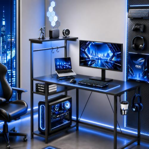 GTPLAYER 43" Gaming Desk with LED Lights, Reversible Shelves, Black by GTPLAYER