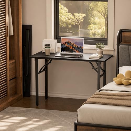 Folding Table Computer Desk - 43.3" No Assembly Folding Desk Design and Foldable Office Desk, Small Desk for Bedroom, Compact Storage Portable Use for Dorm and RV Small Space, Dark Oak - Image 2