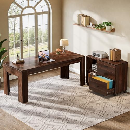 Tribesigns 63" L Shaped Desk with File Cabinet, Large Executive Office Desk with Rolling Filing Cabinet, Long Computer Table with Drawers and Shelves, Business Furniture Set for Home Office, Walnut - Image 5
