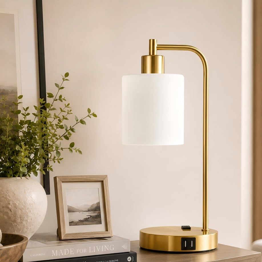 Set of 2 Industrial Touch Control Table Lamps with 2 USB Ports and AC Outlet - 3-Way Dimmable Gold Bedside Lamps Nightstand Desk Lamps for Bedroom Living Room, Opal Glass Shade & 2 LED Bulbs Included - Image 7