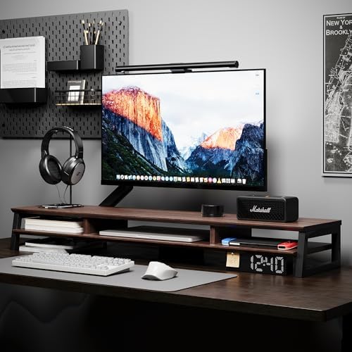 Dual Monitor Stand Riser for Desk, 41.7 Inch Large 2 Tier Computer Monitor Stand for 2 Monitors, Desktop Storage Organizer Shelf with Keyboard Space for Laptop PC Printer Brown - Image 2