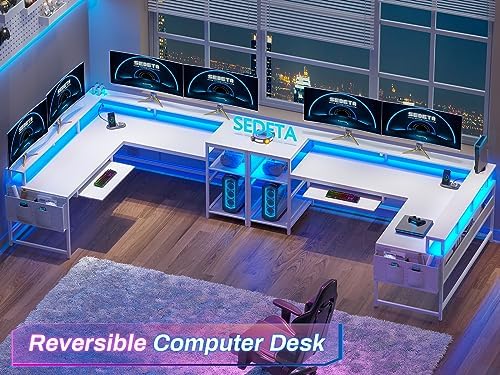 SEDETA L Shaped Gaming Desk, Reversible Computer Desk, Gaming Desk with Power Outlets & LED Strip, Monitor Shelf, Keyboard Tray, Pegboard and Storage Shelves for Home Office, White - Image 3