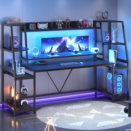 SEDETA 79'' Gaming Desk with LED Lights, Hutch and Storage Shelves, Black by SEDETA