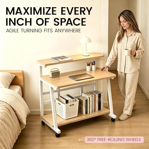 47.2 Inch Compact Rolling Computer Desk with Tier Worktable & Lockable Wheels, Small Computer Desk, Small Desk for Bedroom, Mobile Writing Workstation Easy Assembly for Home Office Small Spaces - Image 6