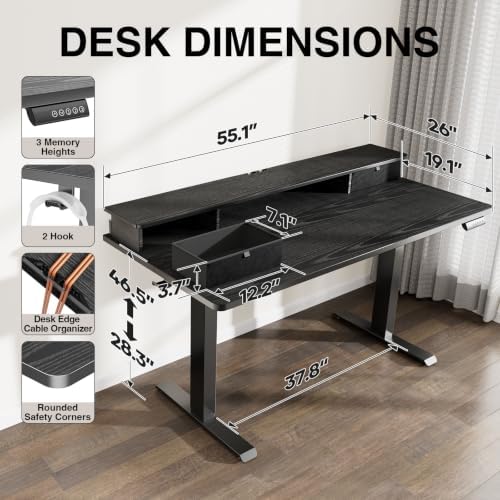 Veken 55x26 in Electric Standing Desk with Drawers, Adjustable Table, Black - Image 3