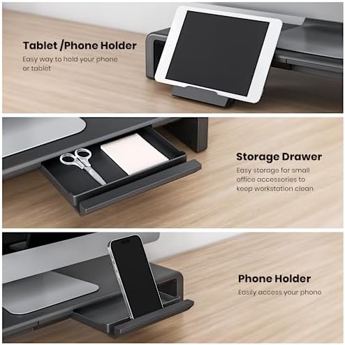Klearlook Computer Monitor Stand for Desk, Adjustable Foldable Monitor Riser with Storage Drawer & Tablet Phone Holder for Office, Home, Laptop, Desktop (Black) - Image 5
