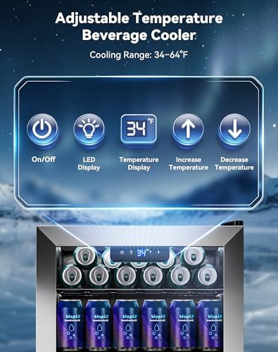 3.1 Cuft Beverage Fridge, 130 Can Mini Fridge, Glass Door, 34-64°F, Silver - Image 4