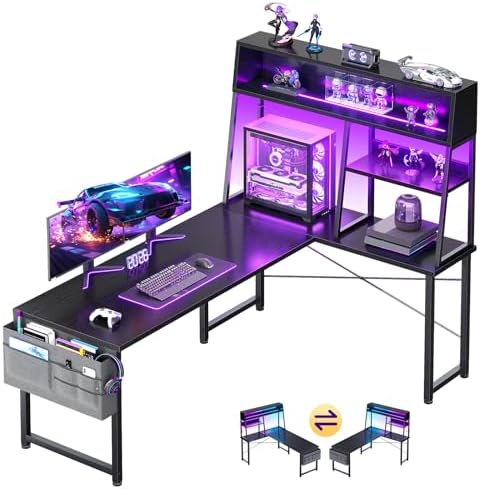 AODK 59 Inch L Shaped Gaming Desk with Display Shelves, LED Lights, Black by AODK
