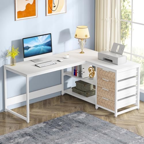 Tribesigns L Shaped Computer Desk with Storage Drawers, 59 inch Corner Desk with Shelves, Reversible L-Shaped Office Desk Study Writing Table Workstation for Home Office, White by Tribesigns