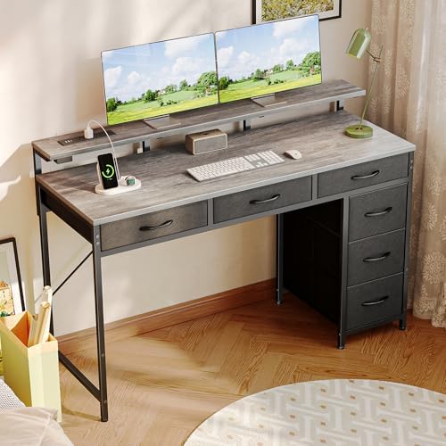 Huuger Gaming Desk with 6 Drawers, Computer Desk with LED Lights Power Outlets and Type-C, 47 Inch Office Desk with Storage, Monitor Stand, Writing Work Desk Home Office, Bedroom, Study, Grey - Image 2
