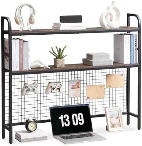 Desk Shelf, 45.3” Desktop Organizer Shelf with Grid Panel and Hooks, Desk Hutch for Computer Monitor, 2 Tier Desk Display Rack Wood Desktop Bookshelf Storage for Home Office Dorm (Rustic Brown, 45.3") by Grecodown
