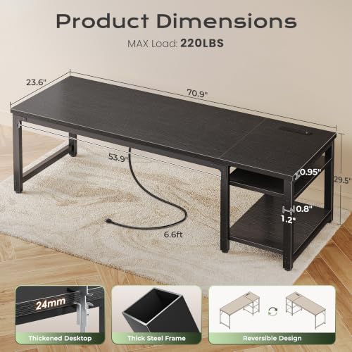 Huuger 71'' x 23.6'' Computer Desk with Power Outlets, 0.95'' Thick Desktop - Image 2