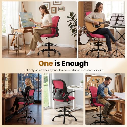 Primy Drafting Chair Tall Office Chair with Flip-up Armrests Executive Ergonomic Computer Standing Desk Chair with Lumbar Support and Adjustable Footrest Ring (Fire Brick) - Image 5