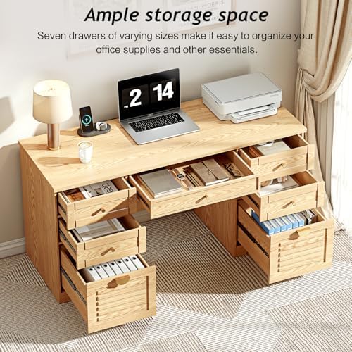 Ieejdn 59" Home Office Desks, Executive Desk, Farmhouse Computer Desk with 7 Drawers and Charging Station, File Drawer, Rustic Computer Writing Desk,Antique Wood - Image 3