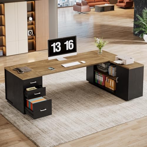 Tribesigns 85.8-Inch L-Shaped Executive Desk, Natural & Black - Image 4