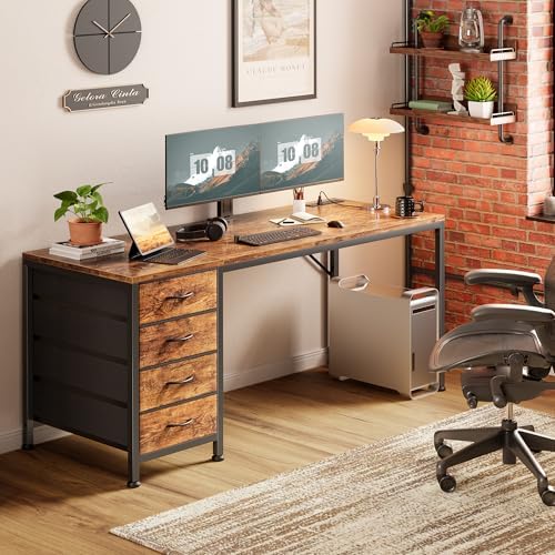 PRAISUN 55.1 Inch Computer Office Desk with Power Outelts and USB-C Port, Reversible Gaming Desk with 4 Fabric Drawers, Work Study Desk Work from Home, Rustic Brown - Image 2