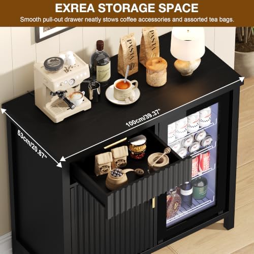 Mini Fridge Cabinet, 39.3" Fluted Coffee Bar with Mini Fridge Space, Black - Image 6