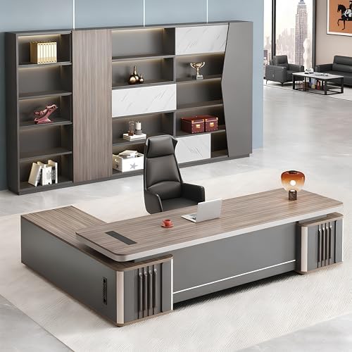 Executive Office Desk with Storage Cabinet,Modern l Shaped Executive Desk,50MM Thick Desktop for CEO Office, Reception & Commercial Workspace by Unknown