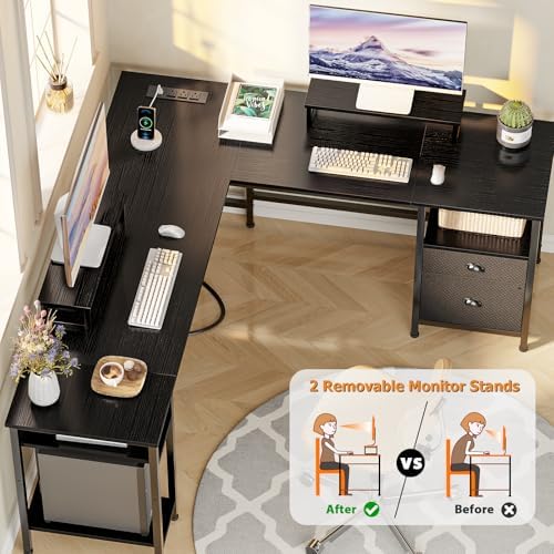 Furologee 66 Inch L Shaped Desk with 2 Drawers and Power Outlet, Black - Image 5