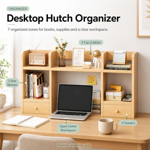 Desk Hutch with 2 Drawers, Desktop Organizer Shelf for College Dorm - Image 3