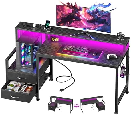 Furologee 47" Gaming Desk with LED Lights & USB-C Port, Carbon Fiber Black by Furologee