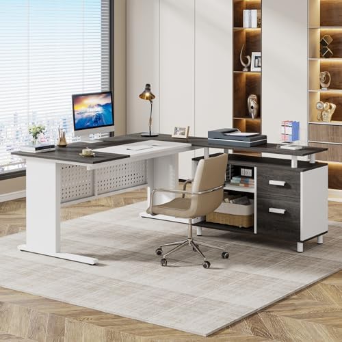 Tribesigns 63 Inch Executive Desk with File Cabinet, L Shaped Office Desk with Drawers and Storage Shelves, Business Furniture Set Workstation for Home Office, Gray and White - Image 4