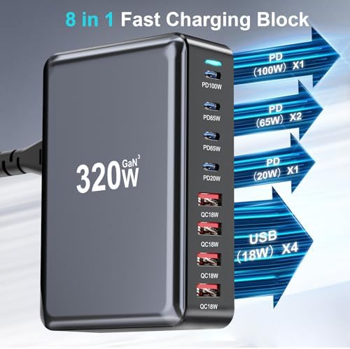 320W USB C Fast Charger Block, Multi-port USB Charging Station, GaN Ⅲ Double 100W PD PPS Port Fast Charging Station for Multiple Devices,Laptop Wall Charger Compatible with MacBook, iPhone 17,iPad etc - Image 3