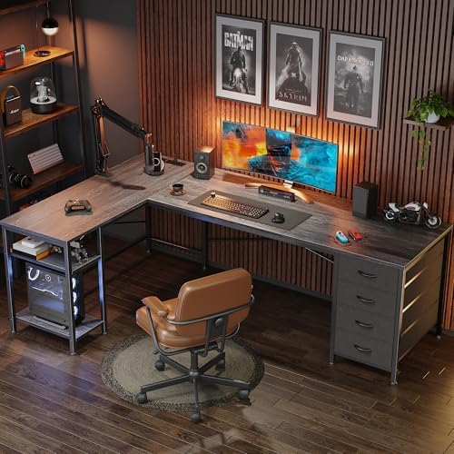 Huuger 63 Inch L Shaped Desk with Fabric Drawers, Reversible Computer Gaming Desk with Power Outlets and USB-C Port, Adjustable Side Storage Shelves, for Work Study Corner Home Office, Grey - Image 4