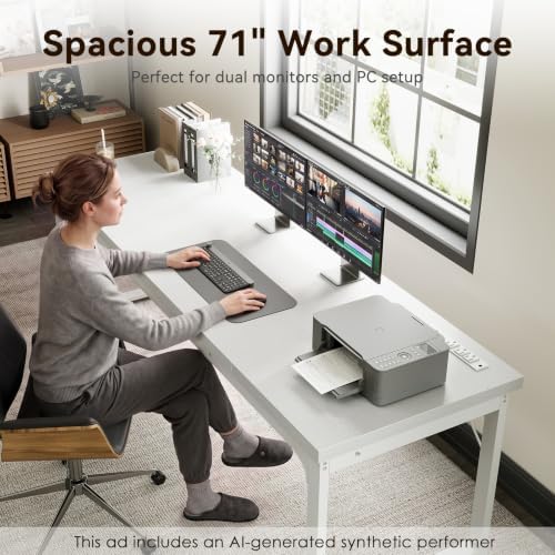 Coleshome 71 Inch Long Computer Desk with Power Outlet, Thicker Desktop & Legs, Large Heavy Duty Office Desk for Home Office & Gaming, White - Image 6