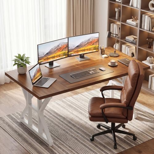 YOUDENOVA 71 Inch Executive Desk, Large Computer Office Desk Workstation with Thick Desktop & Heavy Duty Metal Legs, Modern Industrial Wood Writing Study Table for Home Office (Deep Brown/White) - Image 3