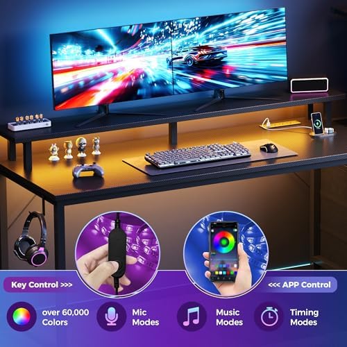 59" Reversible Gaming Desk with LED Lights Power Outlets, Black - Image 4