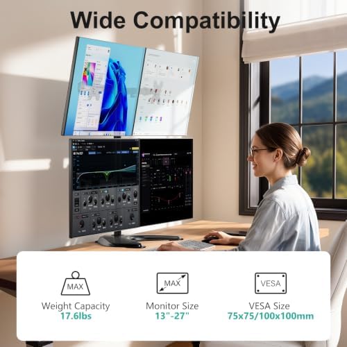 WALI 4 Monitor Stand for 13-27 inch Computer Screens up to 17.6lbs,Adjustable Quad Monitor Mount, Free Standing 4 Monitor Mount Full Motion with Tilt, Rotation, VESA Mount 75/100mm (MF004), Black - Image 3