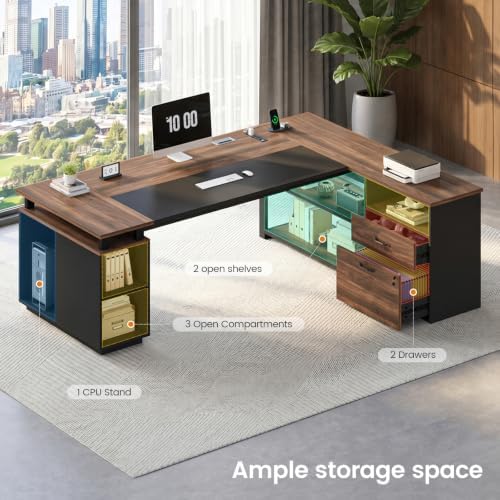 71" L Shaped Corner Home Office Desk, Large Executive Computer Desk with Lockable File Cabinet, 2 Drawers, Storage Cabinet, Power Outlets, CPU Stand, Storage Shelves & Modesty Panel, Walnut - Image 5