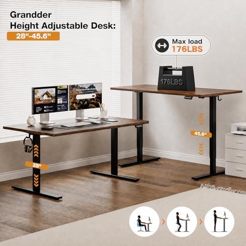 Grandder 47x32 Large Electric Standing Desk, Height Adjustable Computer Desk with 2 Memory Presets, 31.5" Deep Desktop Sit Stand Desk Home Office Desk Workstation Table with Hooks, Walnut - Image 2