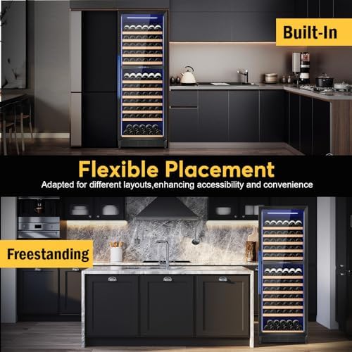 FoMup Wine Fridge Dual Zone, Freestanding Wine Cooler Refrigerator 180 Bottles Large Capacity with Sliding Rail Wooden Shelves and Door Lock, Black - Image 4