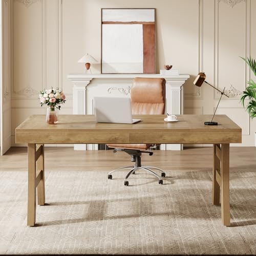 Tribesigns 63-Inch Executive Desk, Large Office Computer Desk with Sturdy Legs, Farmhouse Simple Workstation Writing Study Table for Home Office, Light Brown - Image 4