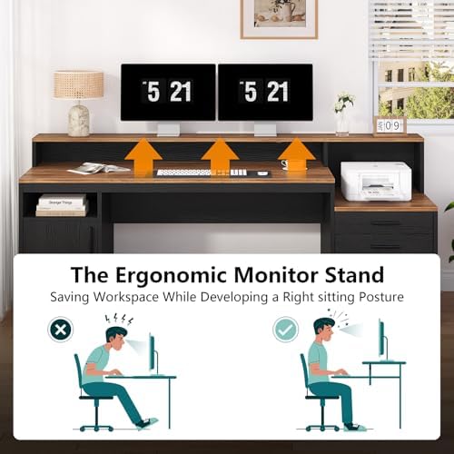 YOMILUVE Computer Desk with 3 Drawers & Storage Shelves, 65 Inch Home Office Desk with File Drawer & Cabinet, Writing Study Desks with Monitor Stand & Printer Shelf, Executive Desk, Brown and Black - Image 7