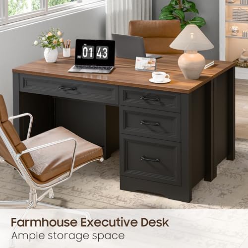 Vabches Farmhouse Executive Desk with Storage and Ample File Drawer, Rustic Large Home Writing Desk for Bedroom, Dark Brown - Image 5