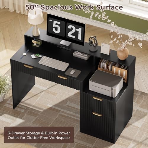Vabches Fluted Computer Desk with Power Outlets, Home Office Desk with Drawers, Printer Stand, Wood Computer Desk with Long Monitor Stand, Black - Image 5
