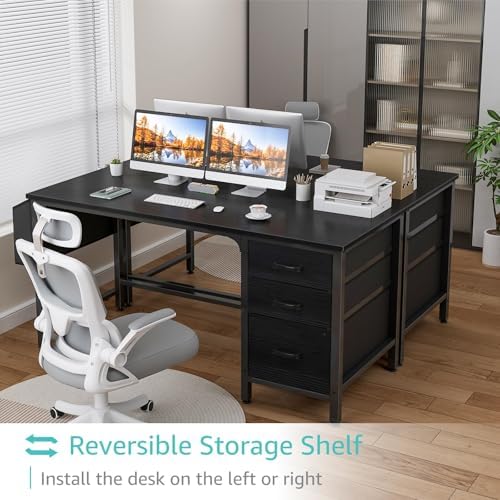 Lufeiya Computer Desk with Fabric File Drawers Cabinet, 55 Inch Reversible Home Office Desks with Filing Cabinet, Study Writing Table PC Desks with Storage for Bedroom, Black - Image 4