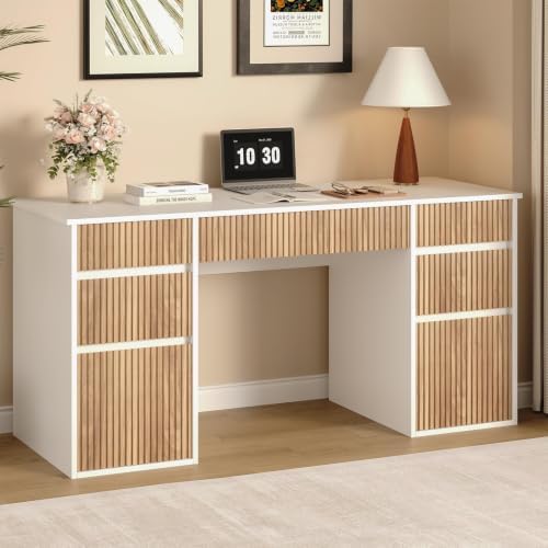 White Desk with Drawers, 58 Inch Executive Desk with File Cabinet by 4EVERWINNER