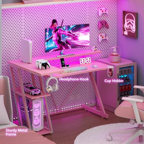 Korfile 40 Inch Pink Gaming Desk with Power Outlet & LED Lights, Corner Computer Desk with 3 Tiers Storage Shelves, L Shaped Gaming Desk with Monitor Stand for Bedroom - Image 6