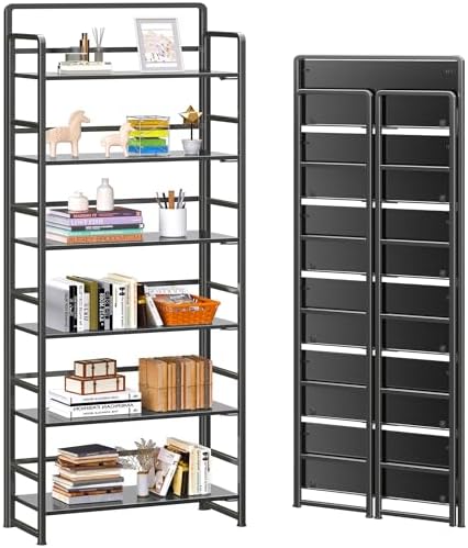 4NM No Assembly 6 Tier Folding Bookshelf Tall Storage Shelves Vintage Bookcase Standing Racks for Bedroom Living Room Home Office by 4NM
