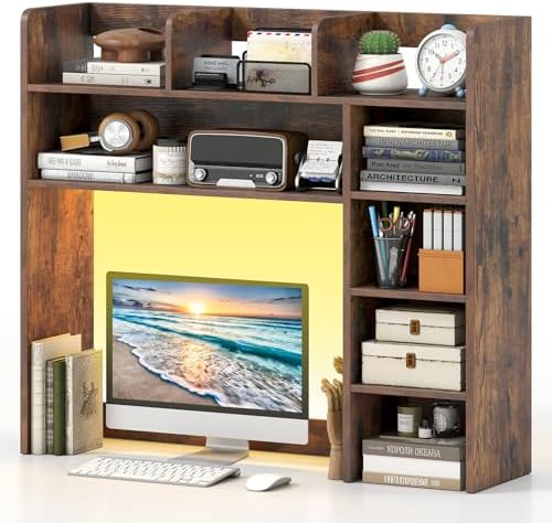 GIANTEX Desktop Bookshelf with LED Lights, 35.5" Desk Hutch Dorm for Up to 25 Inch Computer Monitors with Adjustable Storage Shelves, Wood Desk Organizer Shelves for Home Office (Rustic Brown) by Giantex